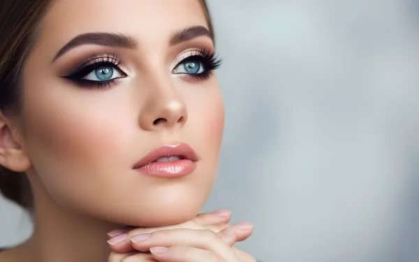 Elevate your beauty projects with this stunning image of a woman featuring flawless makeup and striking blue eyes. Perfect for high-fashion editorials.
