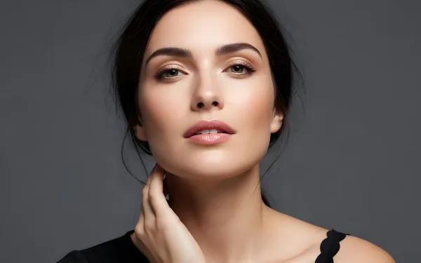 Enhance your project with this portrait of a woman featuring soft makeup and elegant pose, ideal for beauty and skincare campaigns. Ready for professional use.