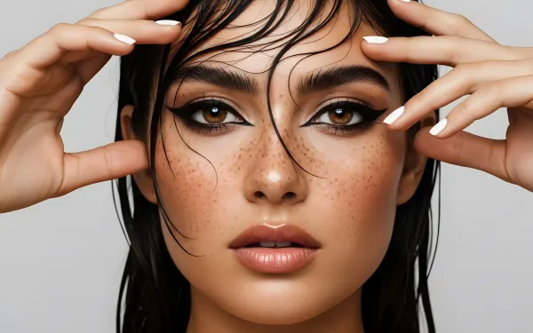 Enhance your project with this striking portrait of a woman featuring freckles and bold eyeliner. Perfect for high-fashion editorials and beauty campaigns.