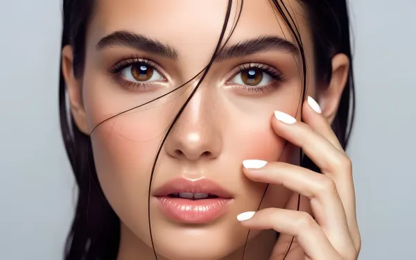 Enhance your designs with this captivating portrait of a woman's face, featuring wet hair and delicate skin. Perfect for high-end beauty and skincare campaigns.