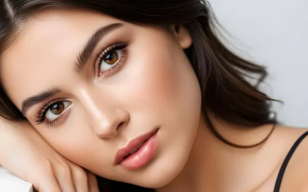 Elevate your project with this stunning portrait featuring a woman with captivating brown eyes and long lashes. Ideal for beauty and fashion designs.