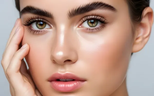 Enhance your project with this close-up of a woman's face featuring striking hazel eyes and flawless makeup. Perfect for high-end beauty and cosmetic campaigns.