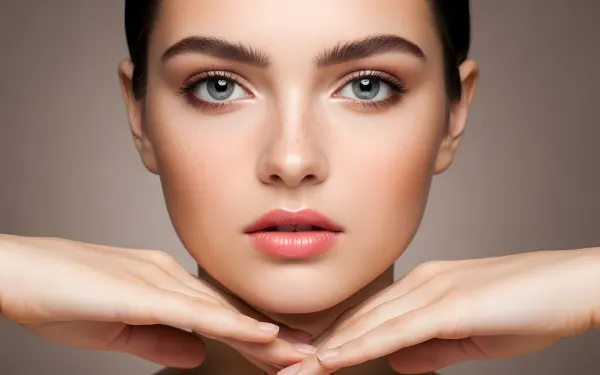 Elevate your project with this close-up of a woman's face featuring delicate freckles and soft lighting. Perfect for high-end beauty and skincare campaigns.