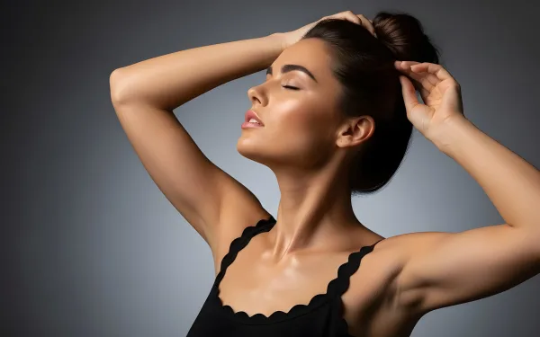 Elevate your designs with this portrait of a serene woman, perfect for beauty and wellness projects. Ready for immediate integration into your workflow.