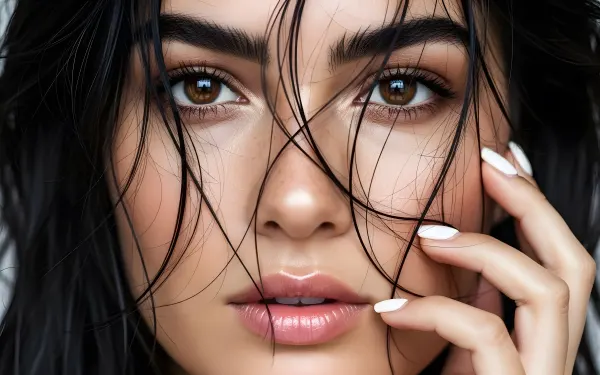 Enhance your project with this striking image of a woman's face, featuring wet hair and glossy lips. Perfect for high-fashion editorials and beauty campaigns.