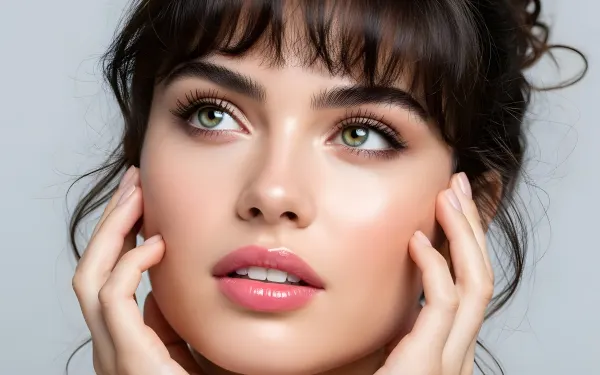 Enhance your project with this stunning image of a woman showcasing radiant skin. Perfect for high-end beauty and skincare campaigns.