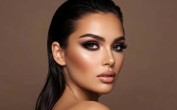 Elevate your designs with this striking beauty portrait featuring flawless makeup and captivating eyes. Perfect for high-fashion editorials and cosmetic branding.