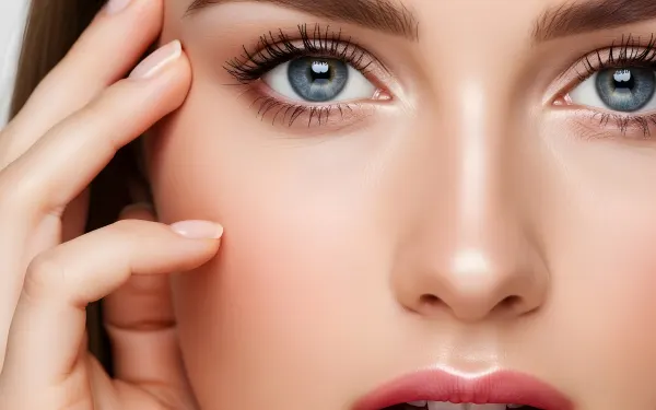 Enhance your project with this detailed portrait featuring captivating blue eyes and flawless skin. Perfect for high-end beauty and skincare campaigns.