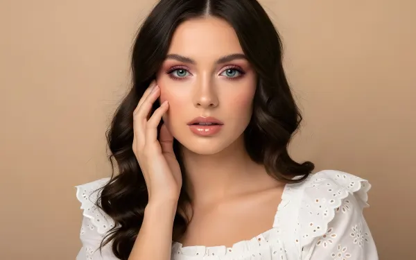 Elevate your project with this stunning portrait of a brunette woman featuring delicate pink makeup. Perfect for high-fashion editorials and beauty campaigns.