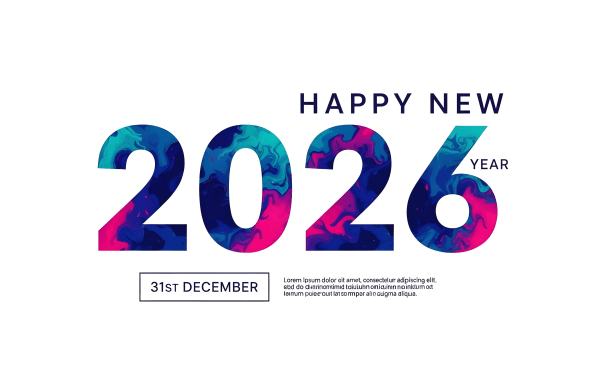 Elevate your holiday designs with this 2026 New Year illustration featuring a vibrant fluid art pattern. Perfect for festive greetings and digital marketing.