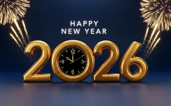Celebrate the future with this premium 2026 New Year's design featuring a golden clock and fireworks. Perfect for high-resolution event promotions.