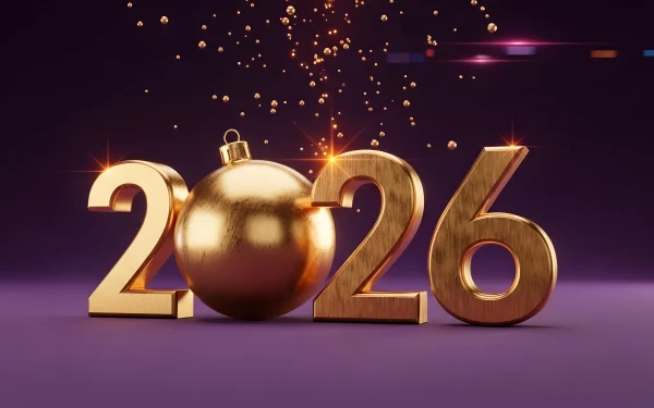 Elevate your holiday designs with this golden 2026 illustration featuring a festive ornament. Perfect for high-end New Year's promotions and digital greetings.