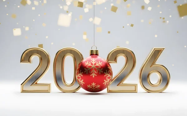 Elevate your holiday designs with this 2026 New Year illustration featuring a festive ornament and shimmering confetti. Perfect for premium seasonal campaigns.