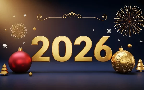 Elevate your holiday designs with this 2026 New Year illustration featuring elegant ornaments and fireworks. Perfect for upscale seasonal promotions.