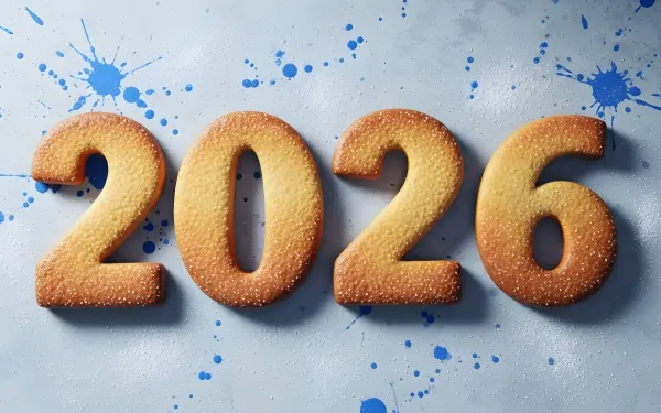 Elevate your designs with this image of cookie numbers spelling out 2026, featuring a playful blue paint splatter background. Perfect for festive and creative projects.