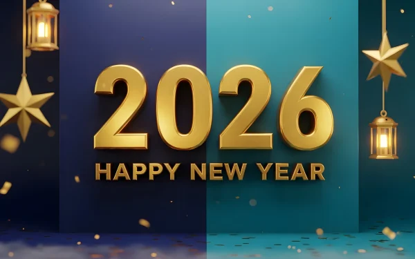 Celebrate 2026 with this festive display featuring golden numerals, lanterns, and confetti. Perfect for high-impact seasonal campaigns and elegant digital greetings.
