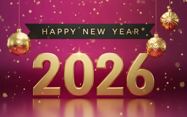 Elevate your holiday designs with this 2026 New Year illustration featuring golden ornaments and a vibrant pink backdrop. Perfect for high-end branding.