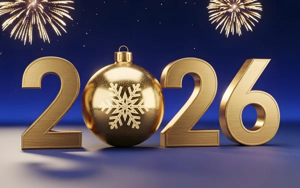 Elevate your designs with this 2026 New Year illustration, featuring a golden ornament and fireworks. Perfect for premium holiday-themed projects.