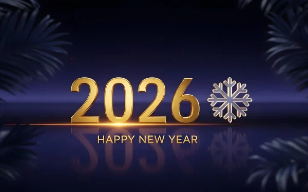 Elevate your holiday designs with this 2026 New Year illustration featuring gold numbers and a snowflake. Perfect for festive season promotions and digital greetings.