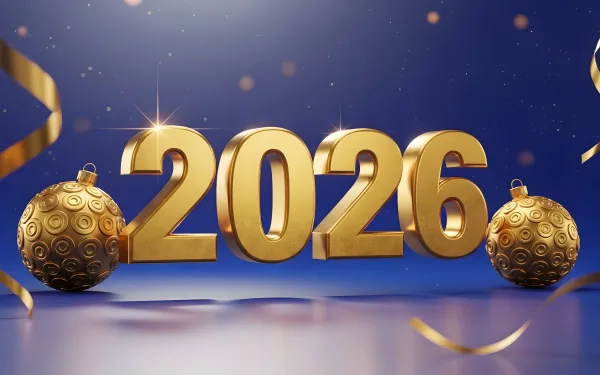 Elevate your holiday designs with this golden 2026 illustration featuring festive baubles. Perfect for premium New Year's event promotions.