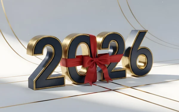 Elevate your designs with this 2026 New Year illustration featuring a festive red ribbon. Perfect for high-end branding and holiday-themed projects.