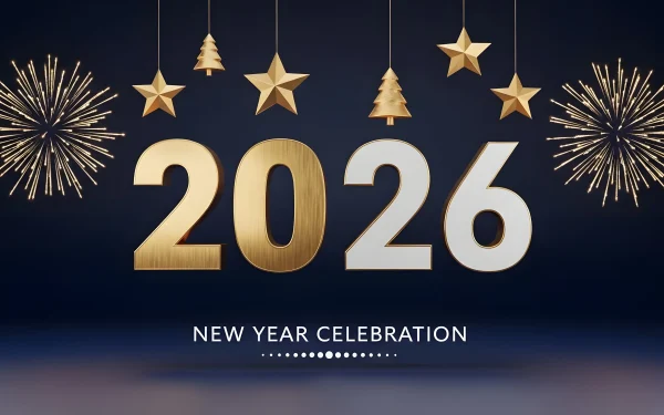 Elevate your holiday designs with this 2026 New Year illustration featuring golden accents and festive fireworks. Perfect for high-end seasonal campaigns.