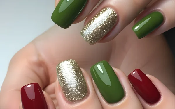 Elevate your designs with this close-up of festive manicure. The red, green, and gold glitter nail polish is perfect for holiday-themed projects and instant commercial use.