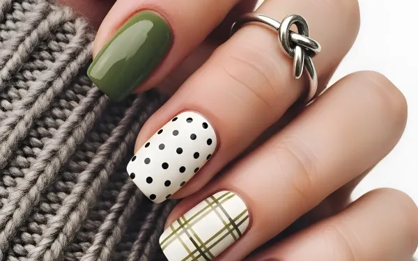 Elevate your designs with this hand showcasing olive green and patterned nails, complete with a stylish silver ring. Perfect for beauty and fashion projects.