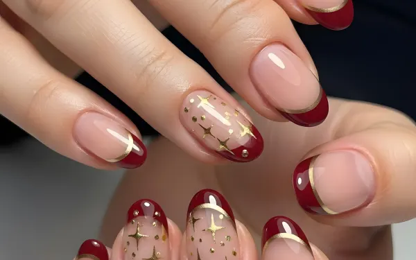 Elevate your designs with this stunning manicure image, showcasing red French tips and delicate gold star accents. Perfect for luxury beauty and fashion projects.