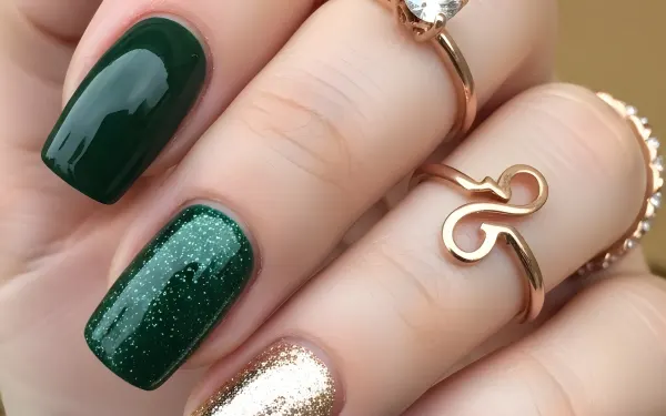 Elevate your designs with this hand showcasing a stylish green and gold manicure, adorned with rose gold rings. Perfect for high-end beauty campaigns.