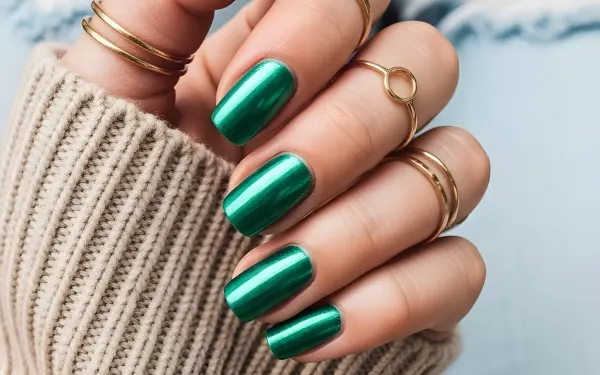 Elevate your designs with this image featuring metallic emerald nails and delicate gold rings. Perfect for beauty blogs and jewelry ads. Ready for commercial use.