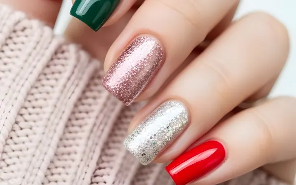 Elevate your designs with this close-up of a woman's hand showcasing a festive manicure. A premium design asset perfect for holiday-themed beauty campaigns.