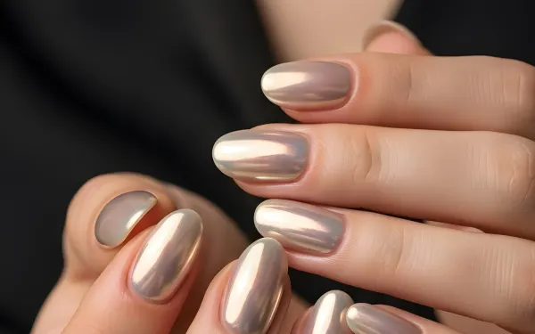 Elevate your designs with this image of hands showcasing chrome nails, complemented by a minimalist gold necklace. Perfect for high-end branding and beauty campaigns.