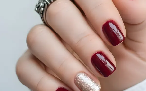 Elevate your designs with this close-up of a manicured hand featuring burgundy and gold glitter nails. Perfect for beauty blogs and nail art promotions.