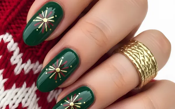 Elevate your holiday designs with this festive green manicure featuring a starburst design. A premium design asset, perfect for seasonal beauty campaigns.