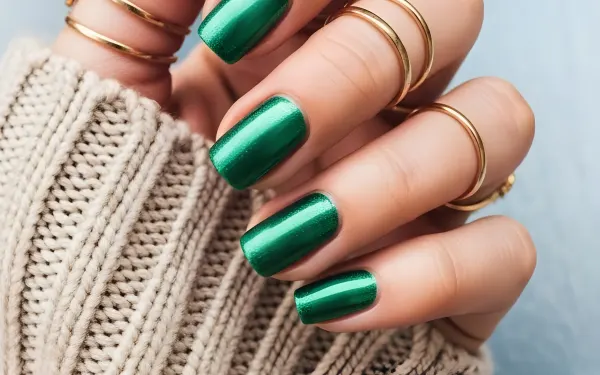 Elevate your designs with this image of a hand showcasing emerald green nails and gold rings. Perfect for beauty blogs and fashion editorials.