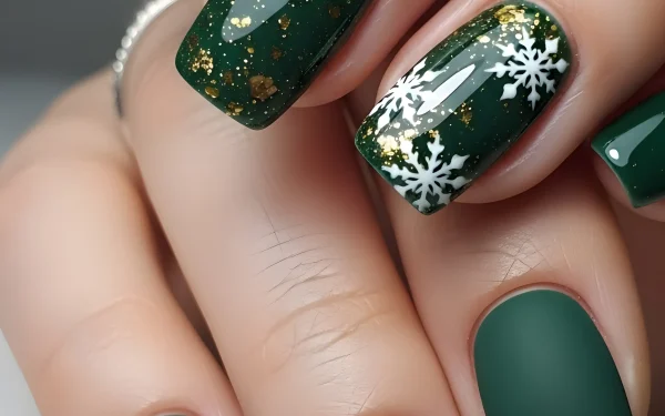 Elevate your designs with this luxurious green manicure, showcasing intricate snowflake art and shimmering gold flakes. Perfect for high-end winter-themed projects.