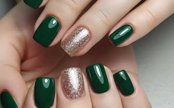 Elevate your designs with this hand image featuring emerald green and gold glitter nails. Perfect for high-end beauty and fashion projects. Ready for instant use.