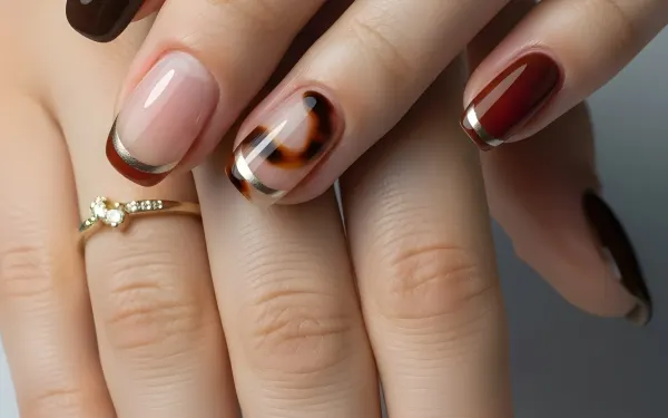 Elevate your designs with this manicure featuring tortoiseshell and brown nail art, accented by gold rings. Perfect for high-fashion beauty projects.