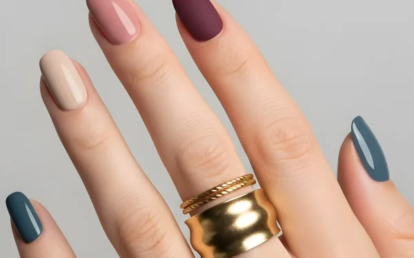 Elevate your designs with this hand showcasing stylish neutral nail polish and gold rings. Perfect for beauty and fashion projects requiring a touch of elegance.