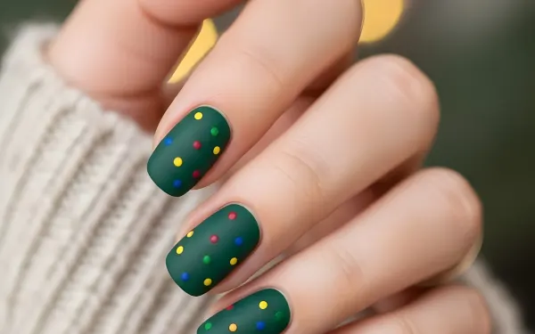Elevate your designs with this stylish hand showcasing dark green nails with polka dots. A premium design asset ideal for beauty and fashion projects.