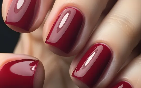 Elevate your designs with this close-up of a hand featuring a glossy burgundy manicure, perfect for beauty and fashion projects. Ready for instant commercial use.