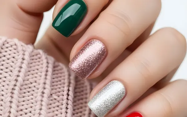 Elevate your designs with this hand showcasing festive nail art featuring bold colors and glitter accents, ideal for beauty and fashion projects. Perfect for seasonal promotions.