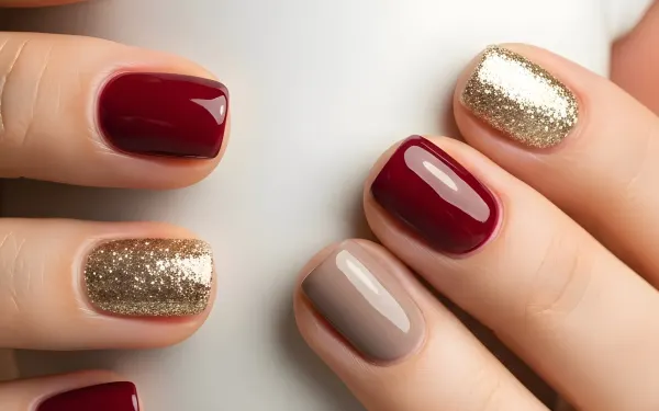 Elevate your designs with this image of a stylish manicure featuring gold glitter and rich burgundy tones. Perfect for beauty and lifestyle content.