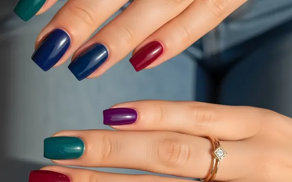 Showcase vibrant nail art with this premium design asset featuring colorful manicured nails and elegant gold rings. Perfect for beauty and fashion branding.