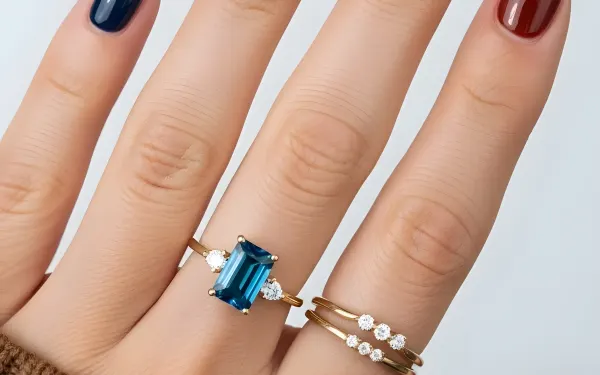 Elevate your designs with this hand featuring a blue topaz ring and stylish manicure. Premium design asset, perfect for jewelry and beauty campaigns.