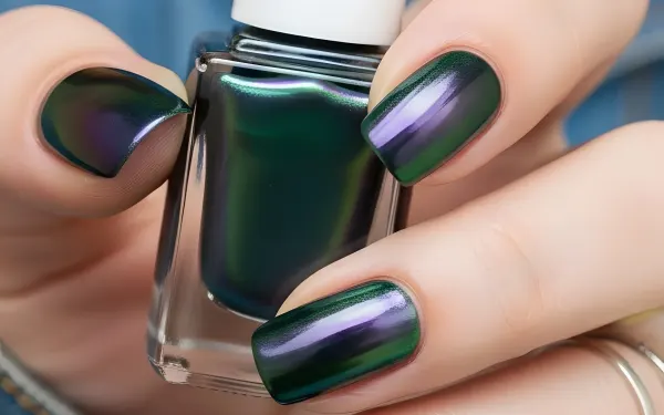 Elevate your designs with this captivating image of iridescent nail polish, featuring a mesmerizing green and purple shift. Perfect for beauty and fashion projects.