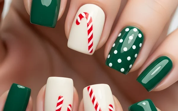 Elevate your holiday designs with this festive manicure featuring candy cane art and green polka dots. Perfect for seasonal nail art inspiration.