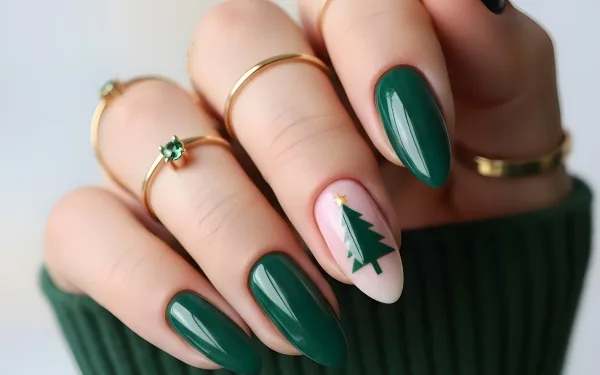 Elevate your designs with this hand showcasing emerald green nails and a delicate Christmas tree design. Perfect for seasonal beauty campaigns and festive content.