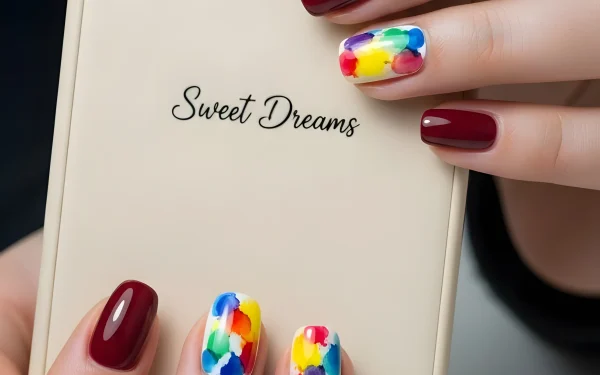 Elevate your designs with this close-up of manicured hands holding a phone, featuring trendy burgundy and rainbow nail art. Perfect for beauty and lifestyle content.